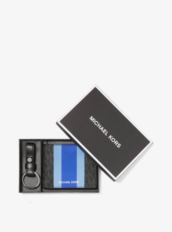 Panske Penazenky Michael Kors Logo Stripe Billfold and Keychain Gift Set Modre - Doplnky Michael Kors Akcia | EAYFI-5617